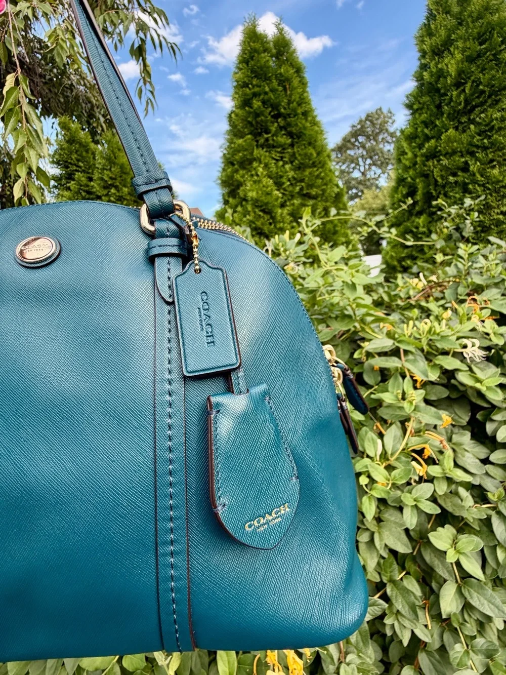 Coach Peyton Teal Blue Leather Satchel Shoulder Bag Dome Purse